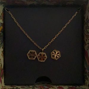 Tory Burch Hex Pave Logo Stud & Necklace